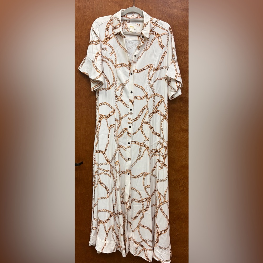 Maeve by Anthropologie Chain Printed Short Sleeve Shirt Dress Cream Gold Size 1X